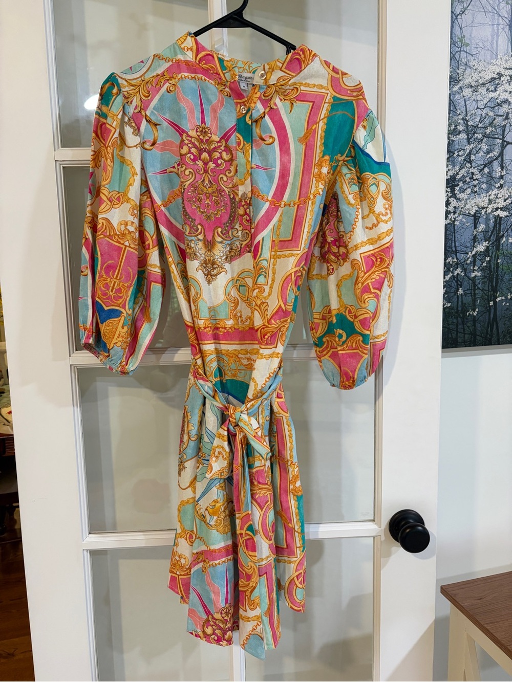 Le Ragazze Made Italy Linen Blend Baroque Nautical Boho Tie Waist Dress